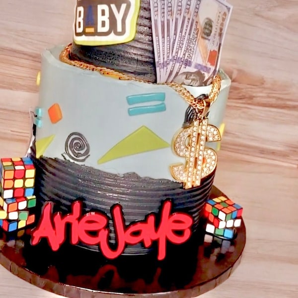 Graffiti Style Font Acrylic Cake Charm Topper Name Age Double Layer Custom Colors Birthday Baby Shower Retro Hip Hop Rap R&B Neon