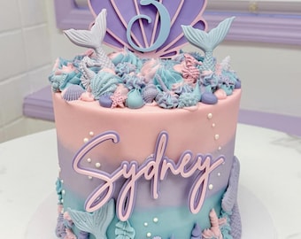 Mermaid Theme Seashell Personalized Name and Age Acrylic Cake Topper Set