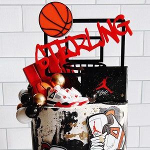 Basketball Hoop Personalized Name and Age Acrylic Cake Topper Slam Dunk Birthday Graffiti Font Jordan Air NBA Theme Rookie Sport Hoop Shot