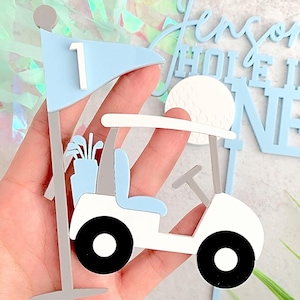 Hole in ONE Acrylic Cake Topper Set Personalized Name Customizable Colors Baby First Birthday Golf Ball Flag Pole Cart Boy or Girl