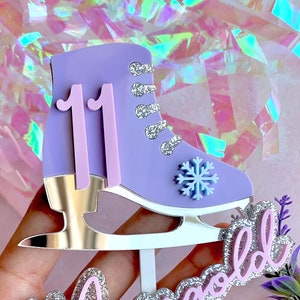 Ice Skate Acrylic Cake Topper Set Custom Colors and Font Name and Age Birthday Enchanting Frozen Winter Wonderland Let It Snow Snowflake