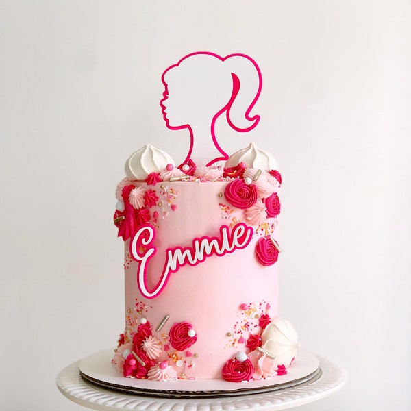 Girl Head Silhouette Acrylic Cake Topper and Personalized Name Charm Set Girl Birthday Let’s go Party