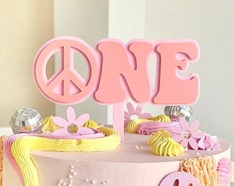 Custom Colors Peace Sign Retro ONE or TWO Cake Topper Double Layer Acrylic First Second Birthday Vintage Retro Font Hippie