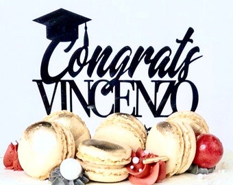 Congrats Name Graduation Acrylic Cake Topper with Graduation Cap Many Colors to Choose From Dual Font Style Classic Script and Block