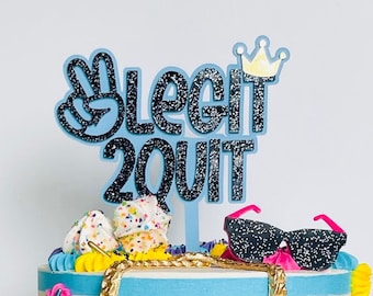 Two Legit 2 Quit Birthday Cake Topper with Crown Peace Hand Sign Customizable Colors Sunglasses Boom Box Microphone Acrylic 2 Years Old