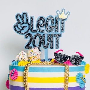 Two Legit 2 Quit Birthday Cake Topper with Crown Peace Hand Sign Customizable Colors Sunglasses Boom Box Microphone Acrylic 2 Years Old