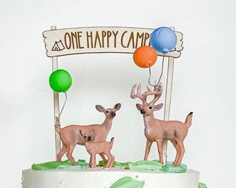ONE HAPPY CAMPER Wood Camp Entrance Cake Topper First Birthday Camping Campfire Nature Boho Wooden
