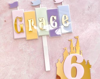 Castle Personalized Name and Age Acrylic Birthday Cake Topper Set