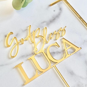 Personalized God Bless Acrylic Cake Topper with Cross: Baptism, Christening
