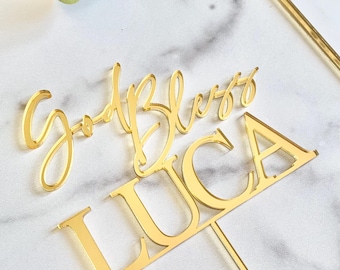 Personalized God Bless Name Acrylic Cake Topper with Cross Charm for Baptism, Christening, Communion and More