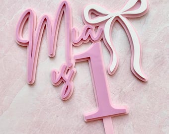Personalized Name is Age with Bow Birthday Cake Topper