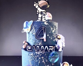 Space Astronaut Theme Personalized Name and Age Acrylic Birthday Cake Topper Set