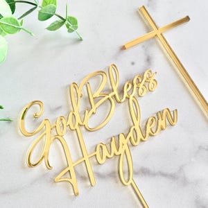 Personalized Name God Bless Name Acrylic Cake Topper and Cross Charm for Baptism Christening Communion Easter Baby Shower New Born