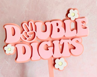 Double Digits Acrylic Cake Topper with Finger Peace Sign and Daisies Customizable Colors Retro Flower Girl Birthday