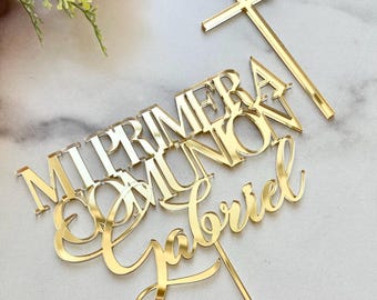 Mi Primera Comunion Personalized Name with Cross Charm for Baptism, Christening, Communion and More