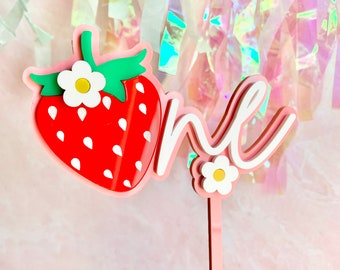 Strawberry and Flowers One Acrylic Cake Topper Berry First Birthday Spring Summer Theme Girl and Boy