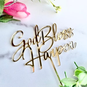 God Bless Name Acrylic Cake Topper and Cross Charm Personalize Baptism Christening Communion Easter Spring Custom Cake Baby Shower New Born