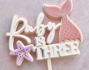 Mermaid Tail and Seastar Personalized Name and Age Acrylic Cake Topper