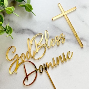 Personalized Name God Bless Acrylic Cake Topper with Cross Charm for Baptism, Christening, Communion and More