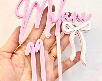 Personalized Name and Age Bow Theme Birthday Acrylic Cake Topper Set