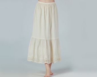 Women Petticoat 100% Cotton Skirt Extender Vintage Underskirt with Lace Embroidery Half Slip Ivory Cream