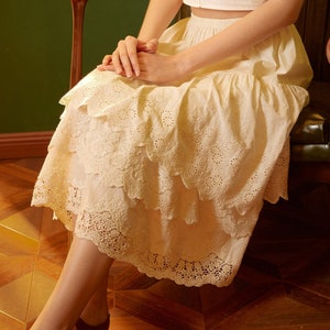 Half Slip Cotton Skirt Extender Tiered Lace Hem Underskirt Elastic waistband Romantic floral lace Petticoat Calf Length Skirt Ivory/Cream image 4