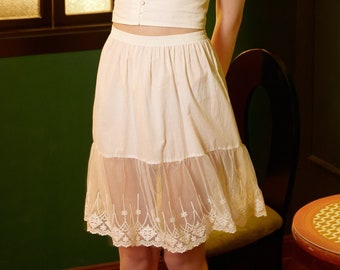 Skirt Extender Cotton Petticoat with Lace Trim Half Slip Underskirt Ivory Knee Length