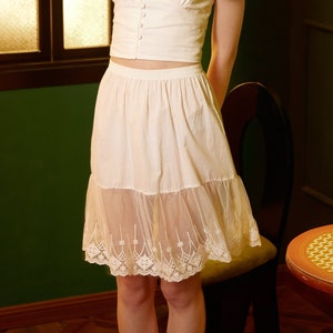 Skirt Extender Cotton Petticoat with Lace Trim Half Slip Underskirt Ivory Knee Length