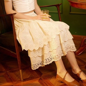 Half Slip Cotton Skirt Extender Tiered Lace Hem Underskirt Elastic waistband Romantic floral lace Petticoat Calf Length Skirt Ivory/Cream image 1