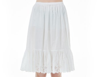 Women Half Slip Cotton Skirt Extender Vintage Underskirt Lace Embroidery Ivory