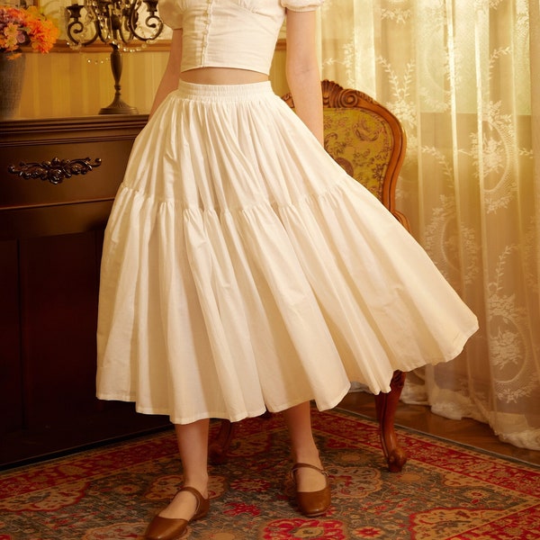 Jupe longue avec poches à plusieurs niveaux, coton blanc, jupe longue plissée bohème, taille flexible, polyvalente et flatteuse, parfaite en toutes saisons