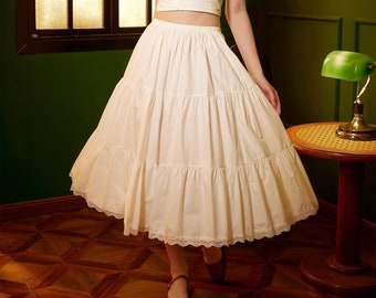 Petticoat Half Slip Cotton Woman Skirt Extender Edged Lace A-line underskirt with Elastic waistband in three lengths Ivory