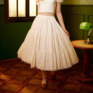 Petticoat Half Slip Cotton Woman Skirt Extender Edged Lace A-line underskirt with Elastic waistband in three lengths Ivory