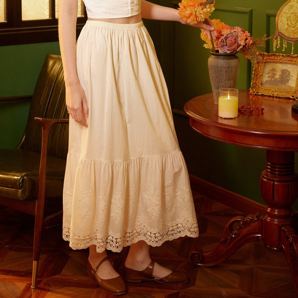 Petticoat Baumwolle Halber Slip Frauen Rock Verlängerung mit Stickerei Spitze Saum Unterrock Elastischer Bund Ivory und Creme