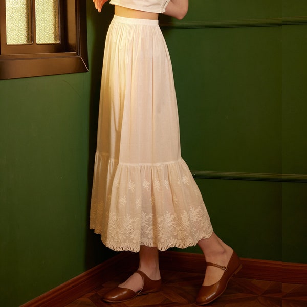 Jupon demi-jupe coton femme rallonge de jupe rallonge de jupe vintage avec broderie de dentelle de vigne de fleurs