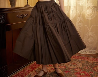 Brown Skirt Tiered Pocket Maxi Skirt Cotton Long Skirt Boho Pleated Skirt Flexible Waistband, Perfect for All Seasons