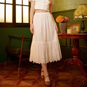 Petticoat Skirt 100% Cotton Half Slip Unterrock Crinoline Jupon Skirt Extender Underskirt with Lace Embroidery Ivory/Cream/Black