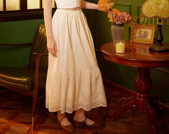 Petticoat Baumwolle Halber Slip Frauen Rock Verlängerung mit Stickerei Spitze Saum Unterrock Elastischer Bund Ivory und Creme
