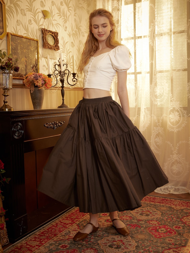 Tiered Pocket Maxi Skirt Cotton White Skirt Long Boho Pleated Skirt Flexible Waistband Versatile and Flattering, Perfect for All Seasons image 8