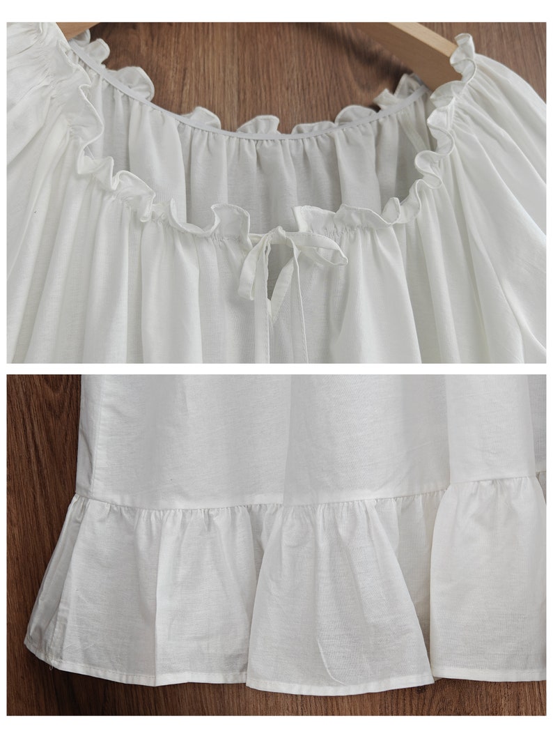 Chemise de nuit victorienne à volants chemise de nuit d'été vintage lâche blanc vêtements de nuit longues à volants encolure dégagée robe manches élastiques image 8
