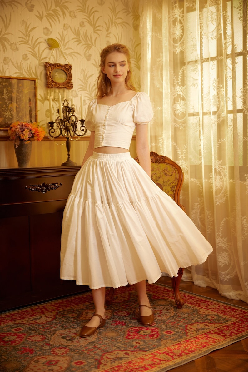 Tiered Pocket Maxi Skirt Cotton White Skirt Long Boho Pleated Skirt Flexible Waistband Versatile and Flattering, Perfect for All Seasons image 1