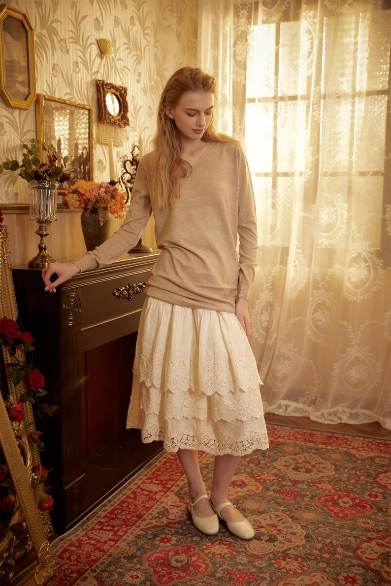 Half Slip Cotton Skirt Extender Tiered Lace Hem Underskirt Elastic waistband Romantic floral lace Petticoat Calf Length Skirt Ivory/Cream image 7