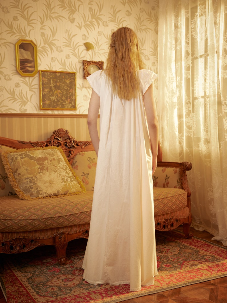 Nachtjapon Katoen Victoriaanse Vintage Nachtjapon Plus Size Witte Lange Nachtkleding Nachthemd Vloerlengte afbeelding 9