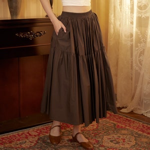 Brown Skirt Tiered Pocket Maxi Skirt Cotton Long Skirt Boho Pleated Skirt Flexible Waistband, Perfect for All Seasons image 2