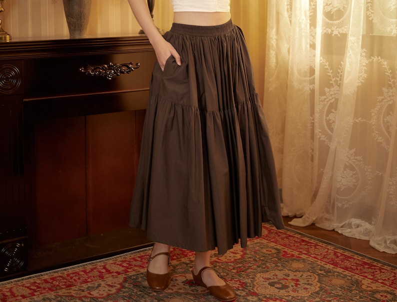Brown Skirt Tiered Pocket Maxi Skirt Cotton Long Skirt Boho Pleated Skirt Flexible Waistband, Perfect for All Seasons image 2