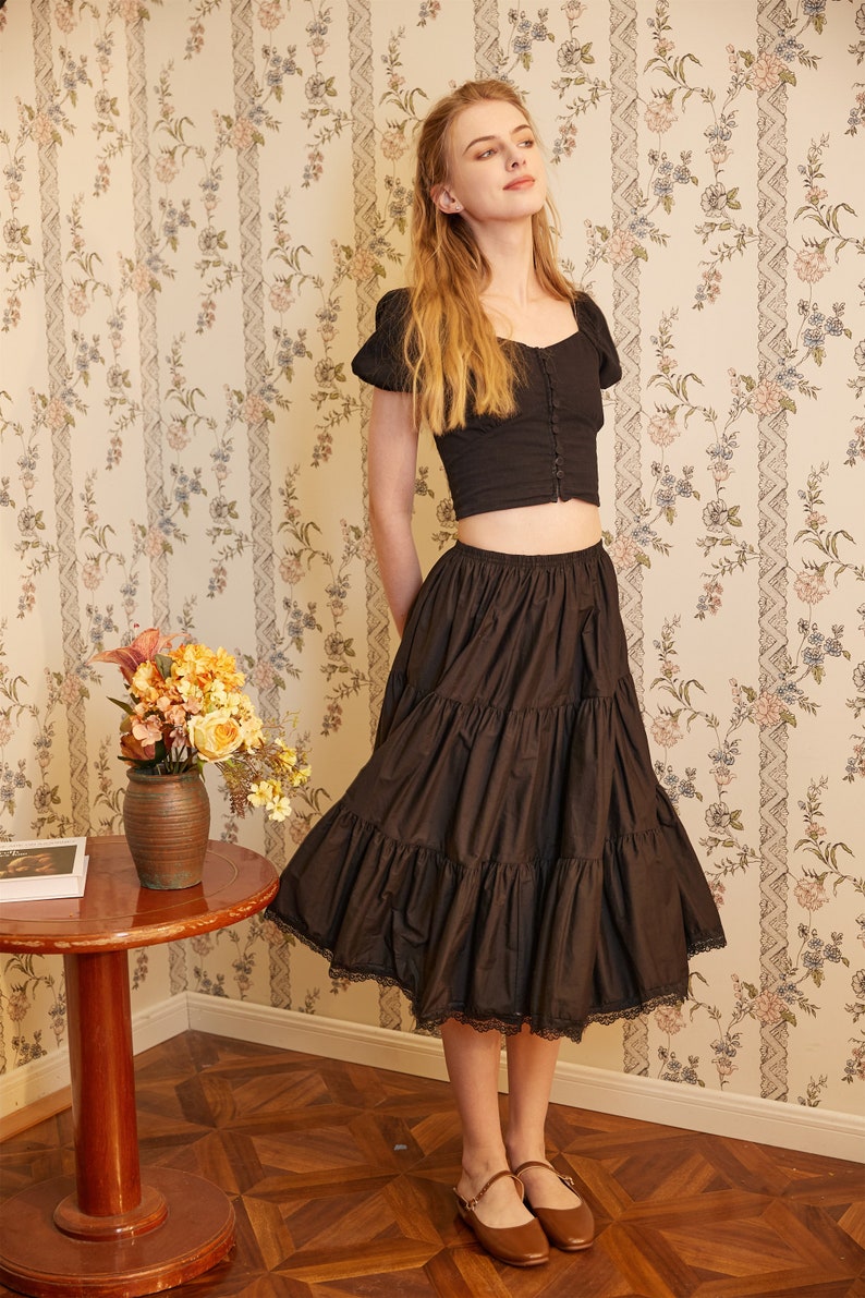 Petticoat Half Slip Cotton Woman Skirt Extender Crinoline Edged Lace A-line underskirt with Elastic waistband in three lengths Black image 5