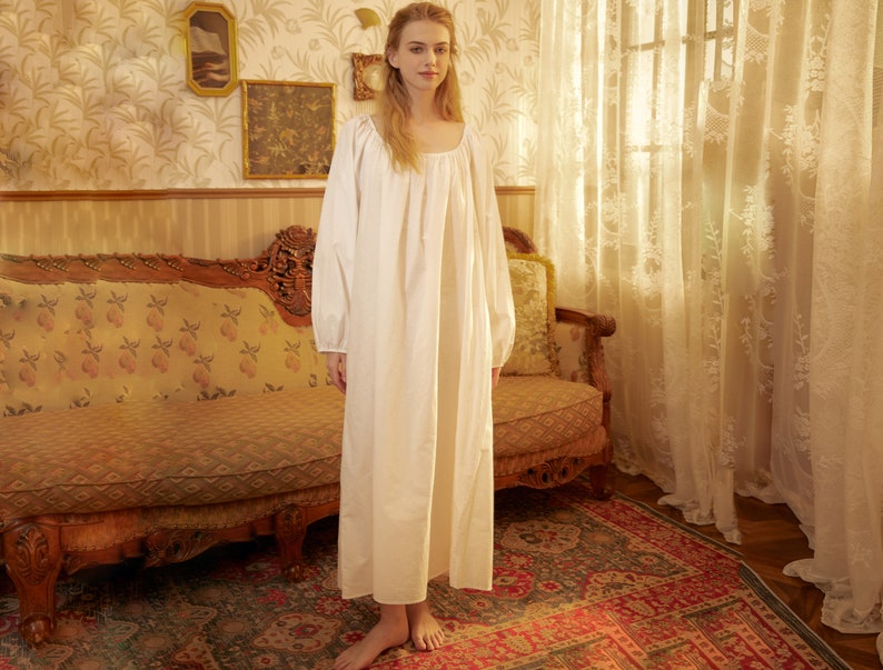 Nightgown Cotton for Women Victorian Nightgown Vintage Long Sleepwear Square Neck Long Sleeve Medieval Nightgown Plus Size image 3