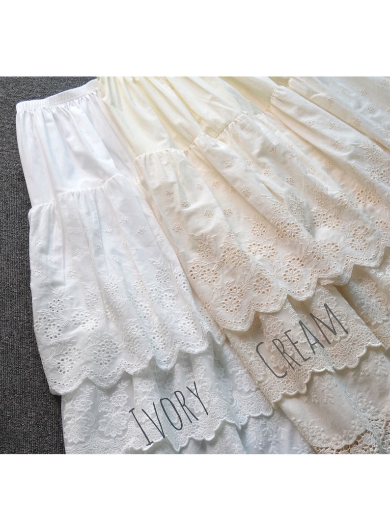 Half Slip Cotton Skirt Extender Tiered Lace Hem Underskirt Elastic waistband Romantic floral lace Petticoat Calf Length Skirt Ivory/Cream image 9