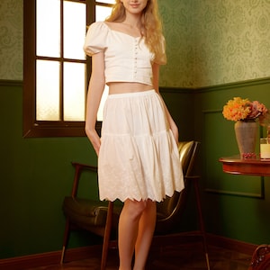 Petticoat Skirt 100% Cotton Half Slip Crinoline Skirt Extender Underskirt with Lace Embroidery Ivory/Black Knee Length image 5