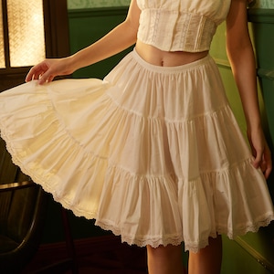 Petticoat Half Slip Cotton Woman Skirt Extender Crinoline Edged Lace A-line underskirt with Elastic waistband in three lengths